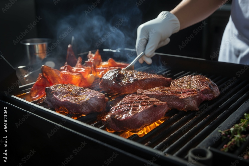 Grilled and roasted beef Chefs hands masterfully handle the cooking process