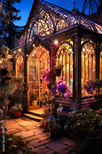 Whimsigothic style greenhouse at night exterior design, vertical
