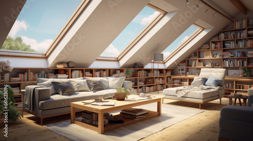 modern attic is bright and airy and featuring skylights and exposed beams and and a cozy seating area photo