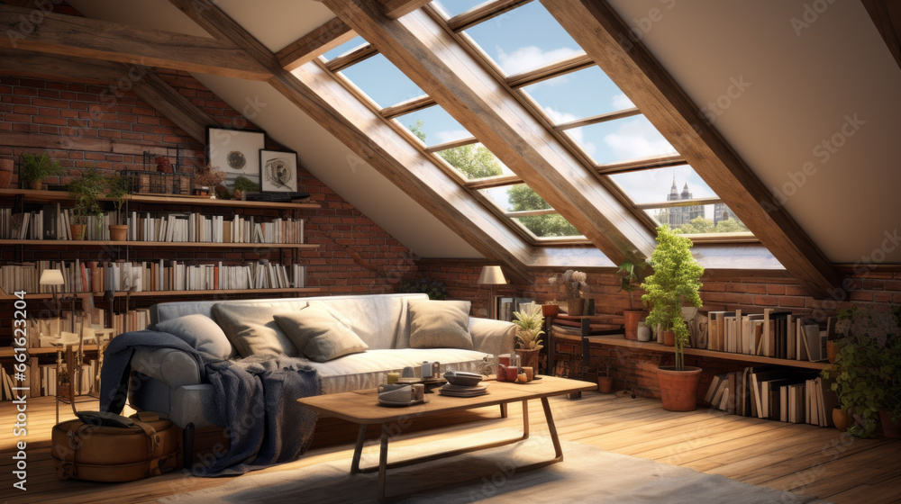 modern attic features a cozy reading nook and exposed brick walls and a skylight