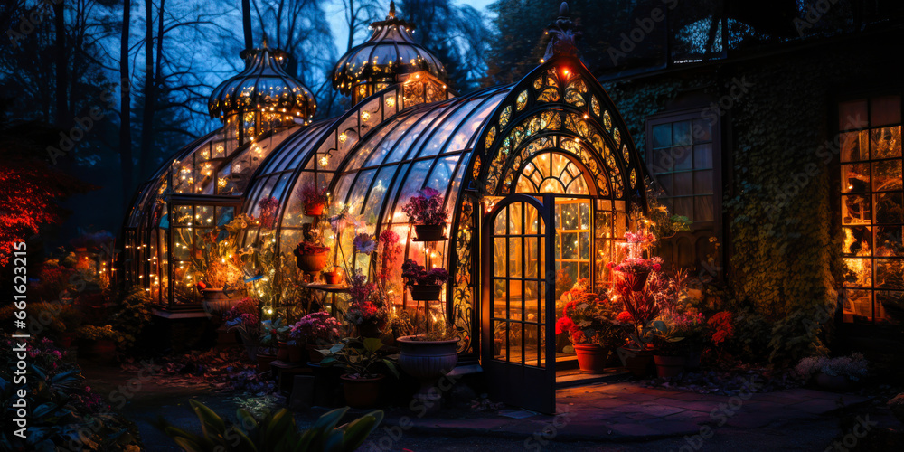 Obraz premium Whimsigothic style greenhouse at night in the woods, warm light, glowing, wide