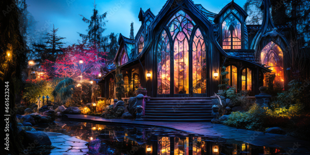 Whimsigothic style mansion house exterior design at night, large glass windows, blue, in the woods forest, wide Whimsigothic style mansion house exterior design at night, large glass windows, blue, in the woods forest, wide