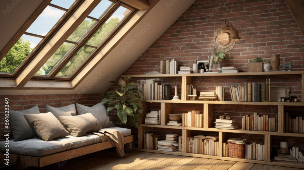 modern attic features a cozy reading nook and exposed brick walls and a skylight modern attic features a cozy reading nook and exposed brick walls and a skylight