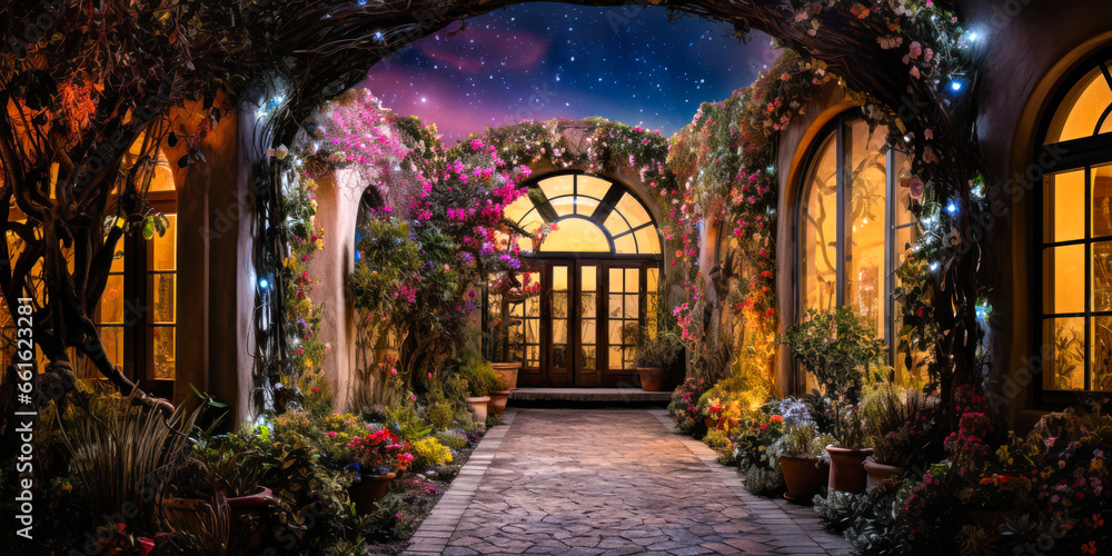 Whimsigothic style open air courtyard garden at night with starry sky, flowers, wide
