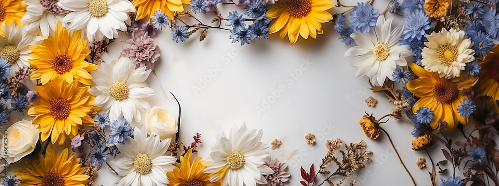 Floral banner or website screensaver with spring flowers around a white canvas with empty space for text, idea for spring holidays greetings and Happy Valentine's Day cards - obrazy, fototapety, plakaty 