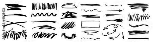 Charcoal scribble stripes, emphasis arrows, handdrawn numbers. Chalk crayon or marker doodle rouge handdrawn scratches. Vector illustration of lines, waves, squiggles in marker sketch style.	
