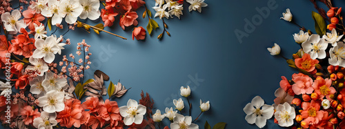 Web banner for website screen saver with spring delicate flowers on a blue background around empty space for the text of an invitation to a meeting, a banner for Valentine's Day