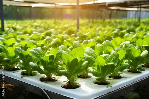 Hydroponic farms nurture green cos lettuce, exemplifying organic, soil free agriculture