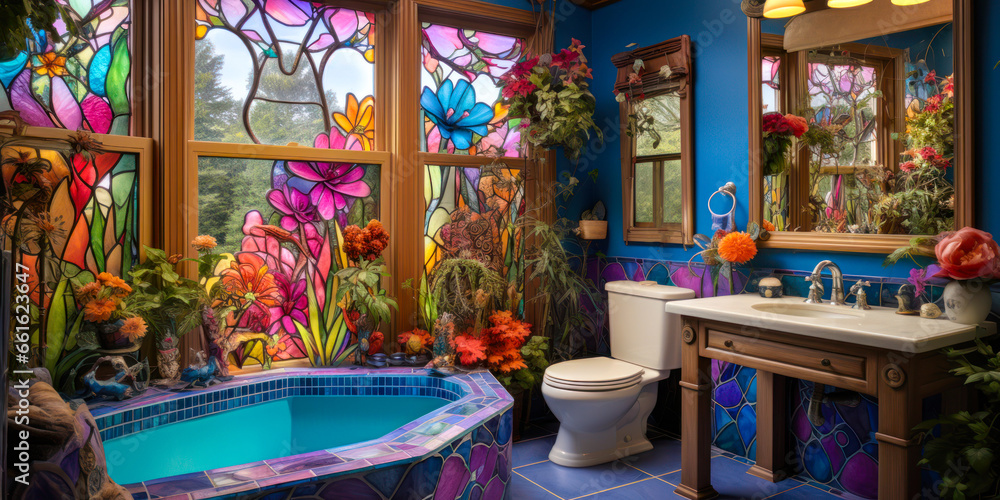 Whimsigothic style colorful bathroom interior design with stained glass flower design windows looking out on forest, wide