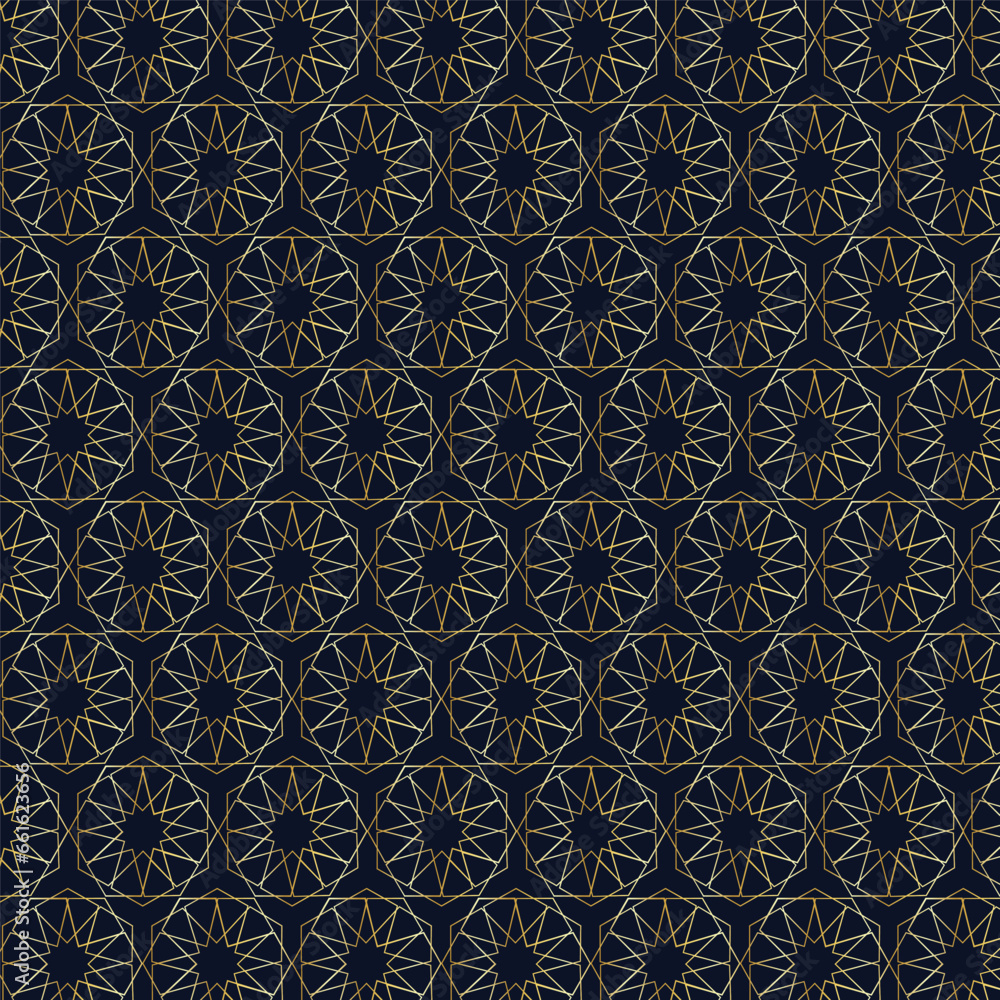 Arabic pattern seamless background. Geometric muslim ornament backdrop. yellow on blue. vector illustration of islamic texture