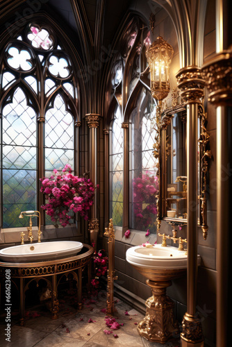 Whimsigothic style bathroom with Gothic arched windows  gold fixtures  flowers  vertical