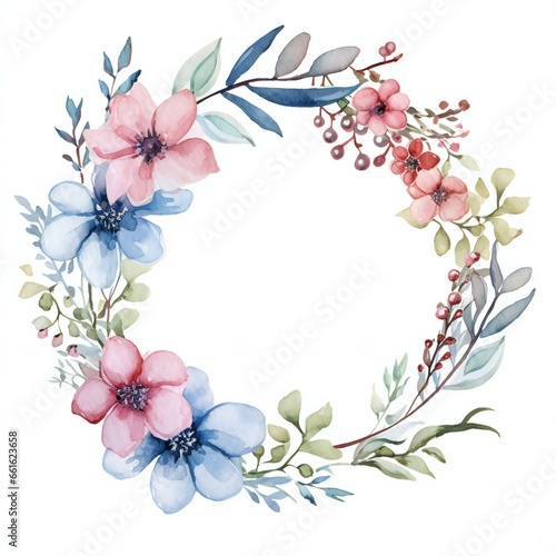 watercolor wreath with flower and leaves in white background