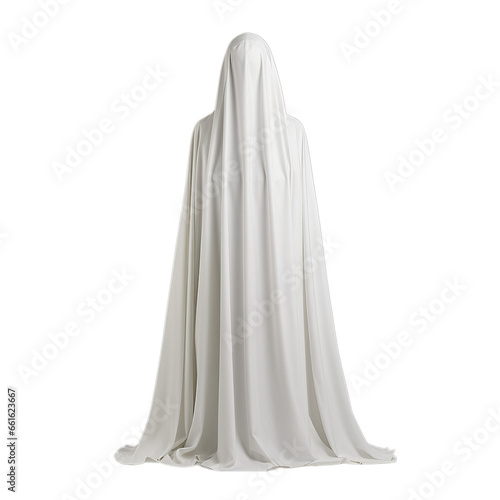 A person wearing a white cloak with a long cape