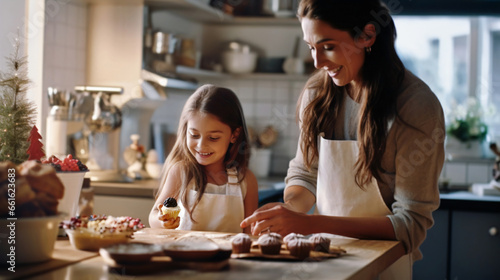 Beautiful mother and cute daughter enjoy the moment and joyfully prepare Christmas cakes in a cozy kitchen. Concept of warmth of family traditions, festive cooking, xmas holiday spirit, family time