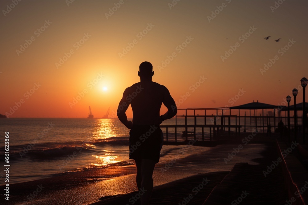 Silhouetted male athlete embraces the morning sun by the tranquil seaside