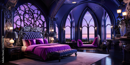 Whimsigothic bedroom interior design, dark purple, Gothic arched windows, wide