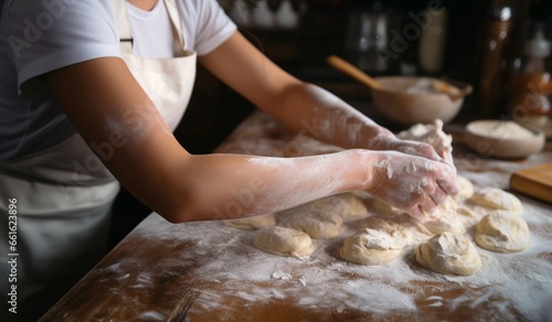 Skillful hands of a young woman roll dough using a rolling pin