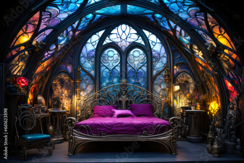 Whimsigothic bedroom interior design, purple bed, Gothic arched windows