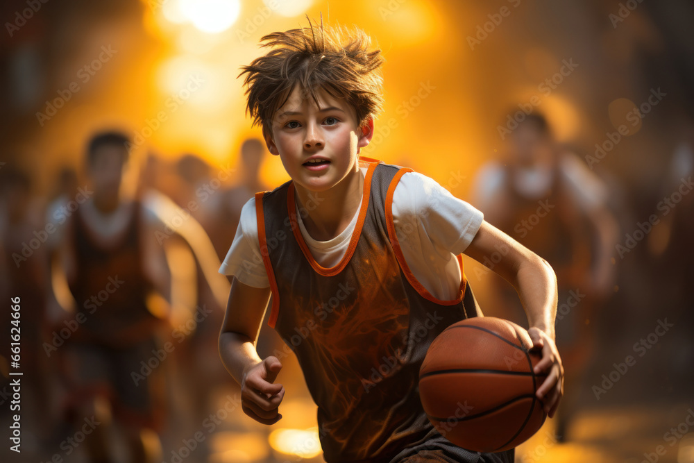 Youth basketball players engaged in a fiercely competitive game, each basket celebrated with fervor. Concept of passionate basketball. Generative Ai. Youth basketball players engaged in a fiercely competitive game, each basket celebrated with fervor. Concept of passionate basketball. Generative Ai.