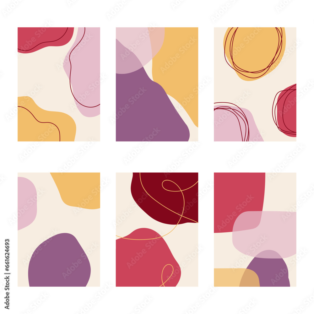 Set of 6 vertical abstract backgrounds or card templates in modern colors, in popular art style