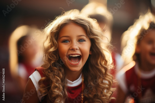 Little cheerleaders performing spirited routines to boost team morale at a youth football game. Concept of youth cheerleading. Generative Ai. © Sebastian