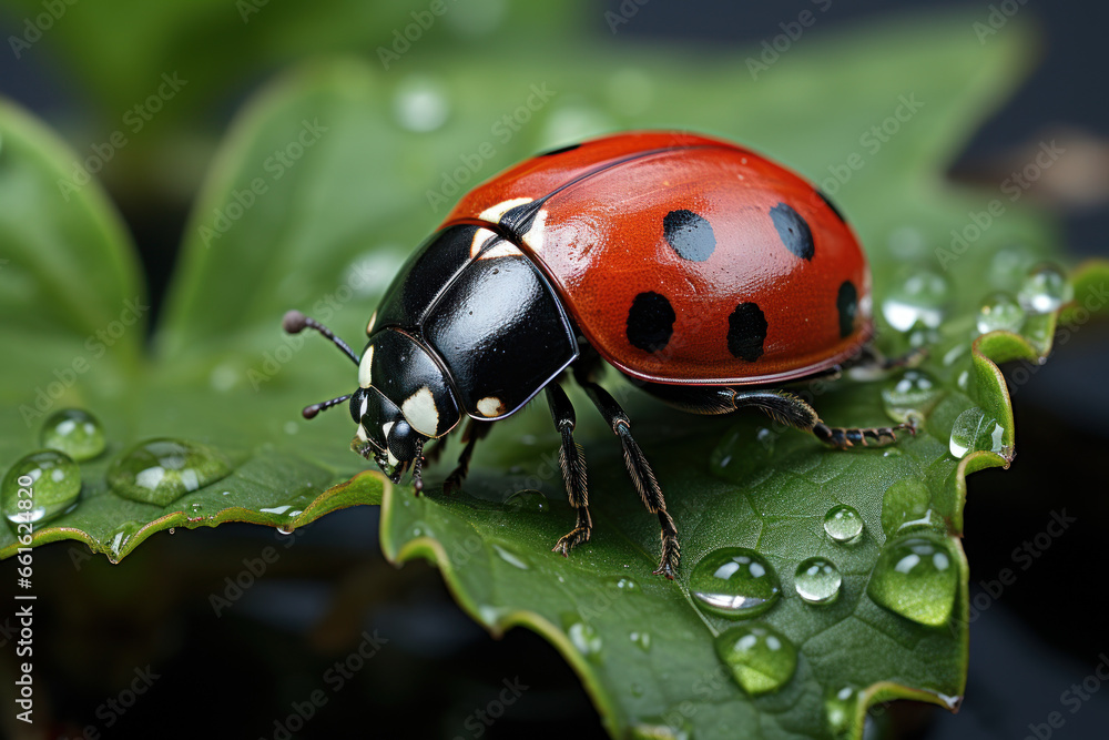 A ladybug with its red shell and black spots perched on a green leaf, a symbol of luck in many cultures. Generative Ai. A ladybug with its red shell and black spots perched on a green leaf, a symbol of luck in many cultures. Generative Ai.