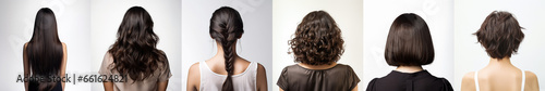 Various haircuts for woman with dark brown hair - long straight, wavy, braided ponytail, small perm, bobcut and short hairs. View from behind on white background. Generative AI