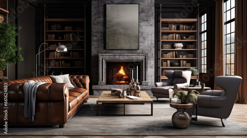  luxurious living room is cozy and inviting and featuring a tufted leather sofa and a cozy armchair and a fireplace