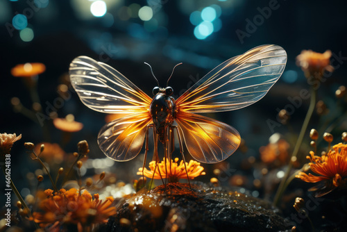 A shimmering firefly emitting a soft glow in the evening, creating a magical atmosphere in the garden. Generative Ai.