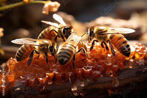 A colony of bees swarming around a beehive, working together to produce honey. Generative Ai. © Sebastian