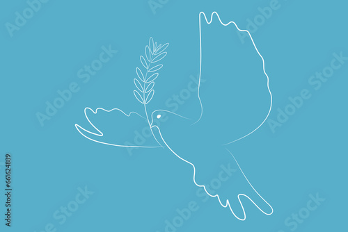 White dove with olive branch as a symbol of Peace on the sky blue background. 