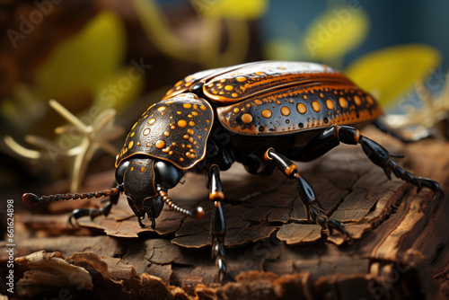 A beetle with intricate patterns on its carapace, camouflaged against the bark of a tree. Generative Ai.