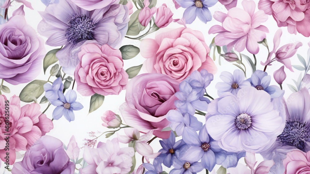 watercolor seamless pattern with different kinds of flowers and leaves
