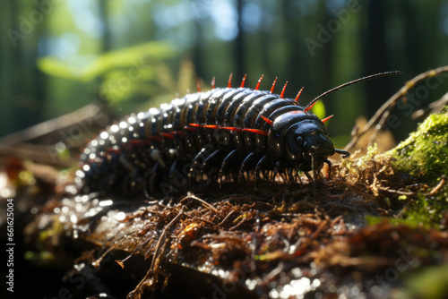 A millipede with its countless legs winding through the forest floor detritus. Generative Ai. © Sebastian