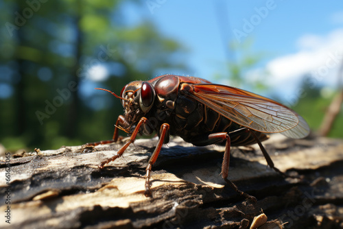 A cicada perched on a tree trunk, its summer song echoing through the woods. Generative Ai. © Sebastian