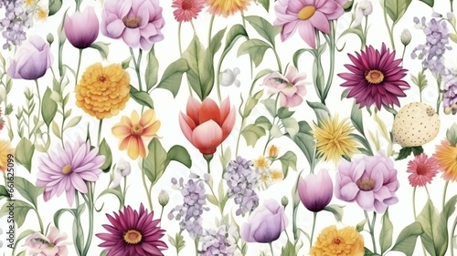 watercolor seamless pattern with different kinds of flowers and leaves