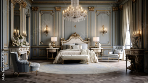 luxurious bedroom has a plush four-poster bed and an ornate rug and and a crystal chandelier © Textures & Patterns