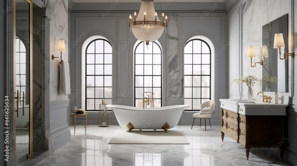 luxurious bathroom features a white clawfoot tub and a marble vanity and a large and walk-in shower Gold fixtures adorn the walls and a large mirror hangs above the sin luxurious bathroom features a white clawfoot tub and a marble vanity and a large and walk-in shower Gold fixtures adorn the walls and a large mirror hangs above the sin