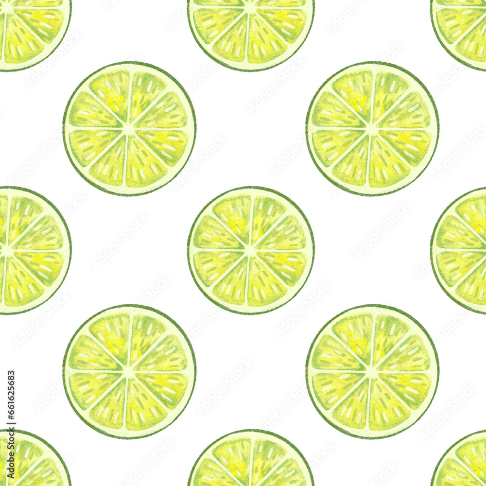 summer fruit lime pattern, seamless, design for fashion, fabric, textile, wallpaper, cover, web, packaging and all prints, pattern drawn in watercolor