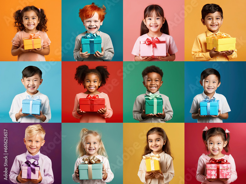 Collage with happy kids of diverse ethnicities holding gift boxes