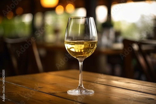 White wine glass on wooden table in a restaurant. Generative AI
