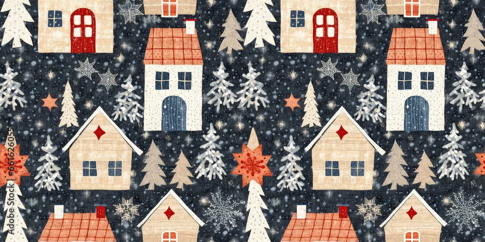 Naklejka premium Rustic country christmas cottage with primitive hand sewing fabric effect. border. Cozy nostalgic shabby chic homespun ribbon trim with americana winter handmade crafts style edging.