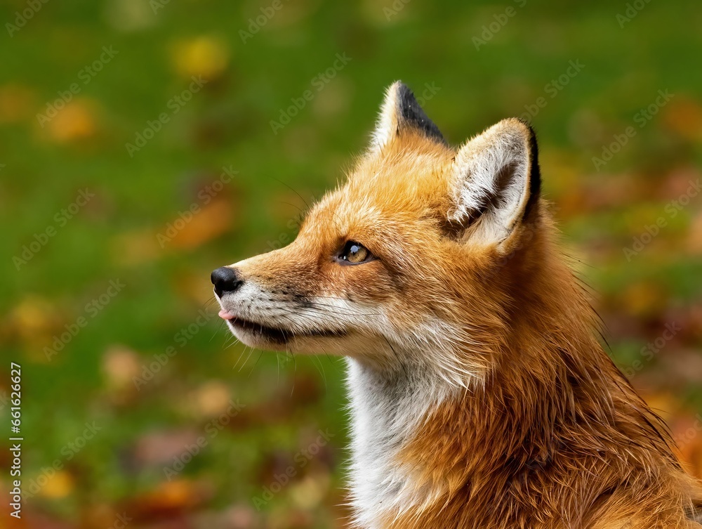 Selective focus shot of an adorable red fox on a lush green field