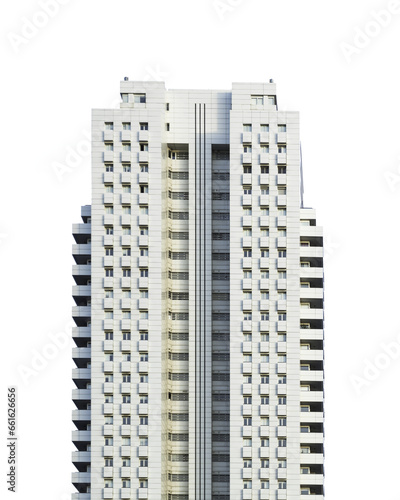Front view of a white modern skyscraper perfect symmetry with blue sky and copy space. Transparent background