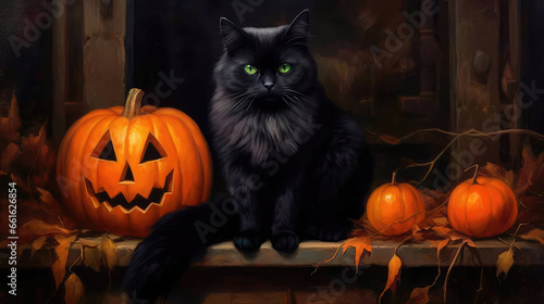 A black cat on Halloween is sitting surrounded by an orange pumpkin and Jack's lantern, an oil painting, a wooden table in the background, an autumn harvest. Generative AI