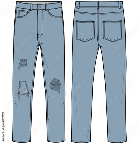 Men's denim ripped jeans trouser pants front and back view flat sketch fashion illustration, five pockets rip denim pants vector template