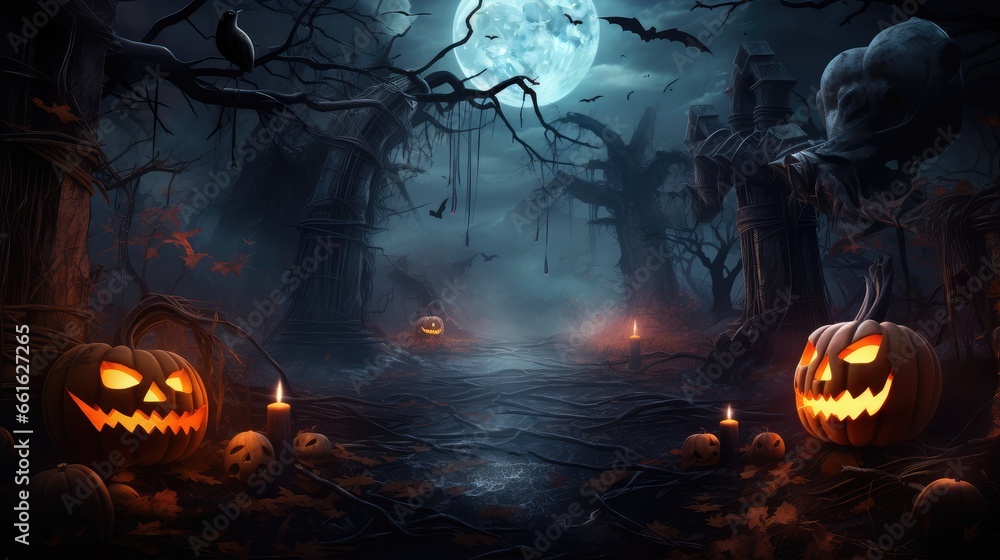 Halloween holiday. creepy dark forest with pumpkins. Halloween holiday. creepy dark forest with pumpkins.