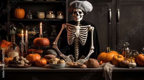 Halloween holiday. scary human skeleton with pumpkins.