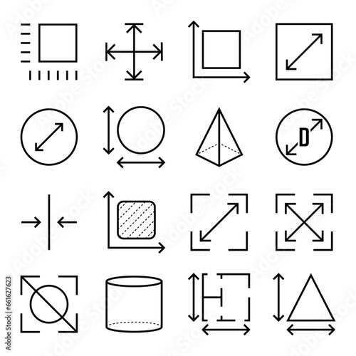 Vector set of linear geometry icons. Square, perimeter, distance and diameter icons. Dimension, area and perimeter measure concept. Geometric symbols collection.