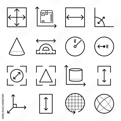 Square, perimeter, distance and diameter icons. Dimension, area and perimeter measure concept. Geometric symbols collection. Vector set of linear geometry icons.